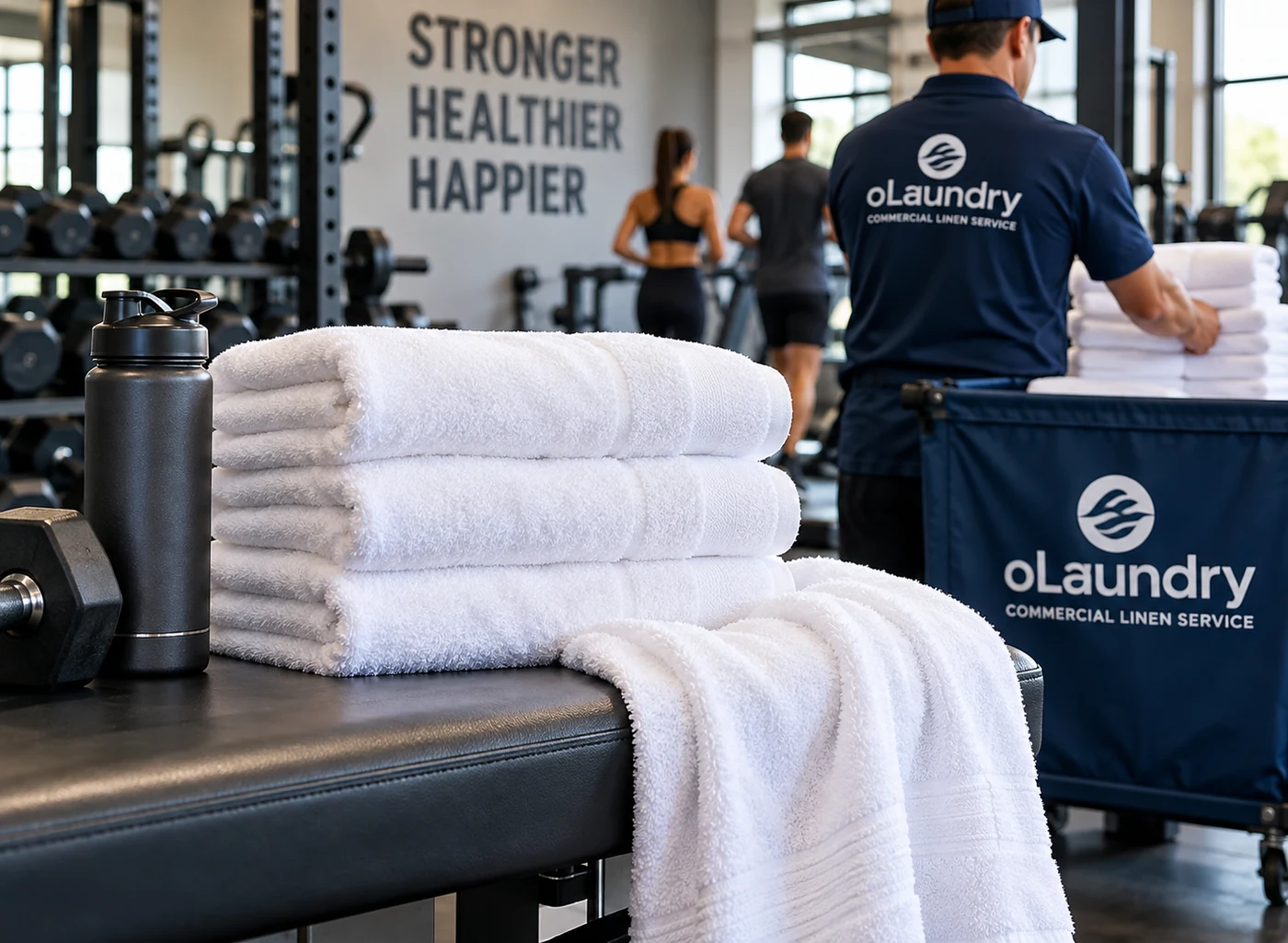 Stack of fresh folded gym towels ready for delivery to a Dallas-Fort Worth fitness studio using wash and fold towel service