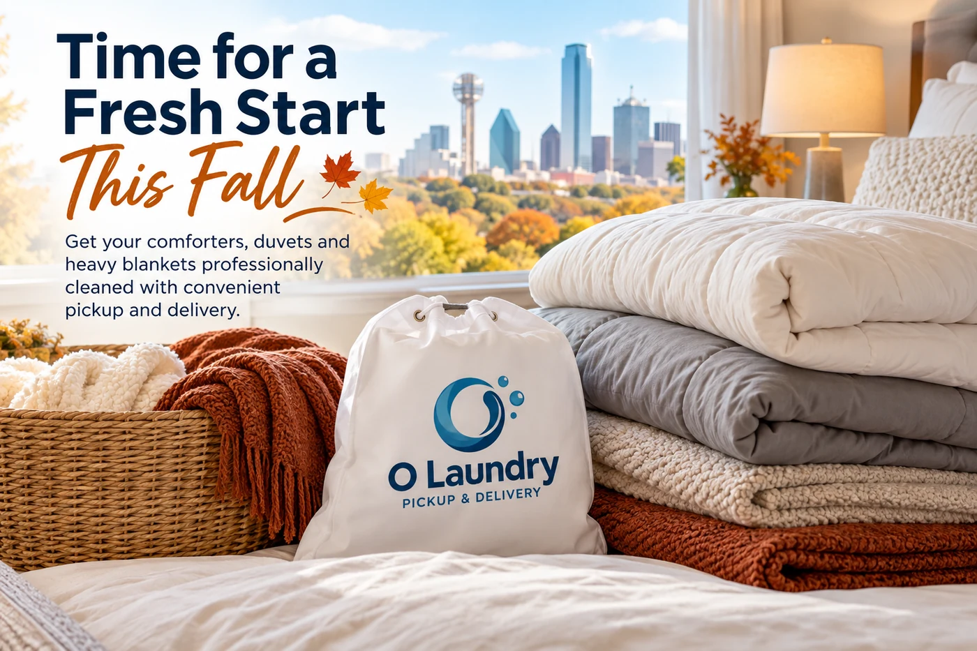 Folded comforters and heavy blankets ready for fall pickup and delivery laundry service in Dallas-Fort Worth