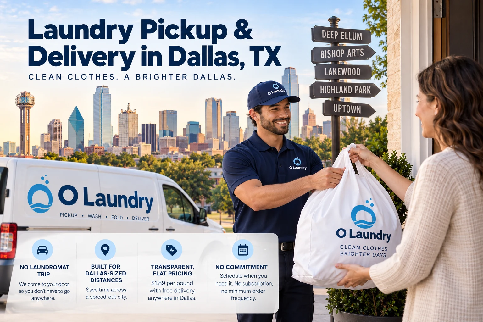 O Laundry pickup and delivery service area covering Dallas Texas, near Klyde Warren Park and Uptown