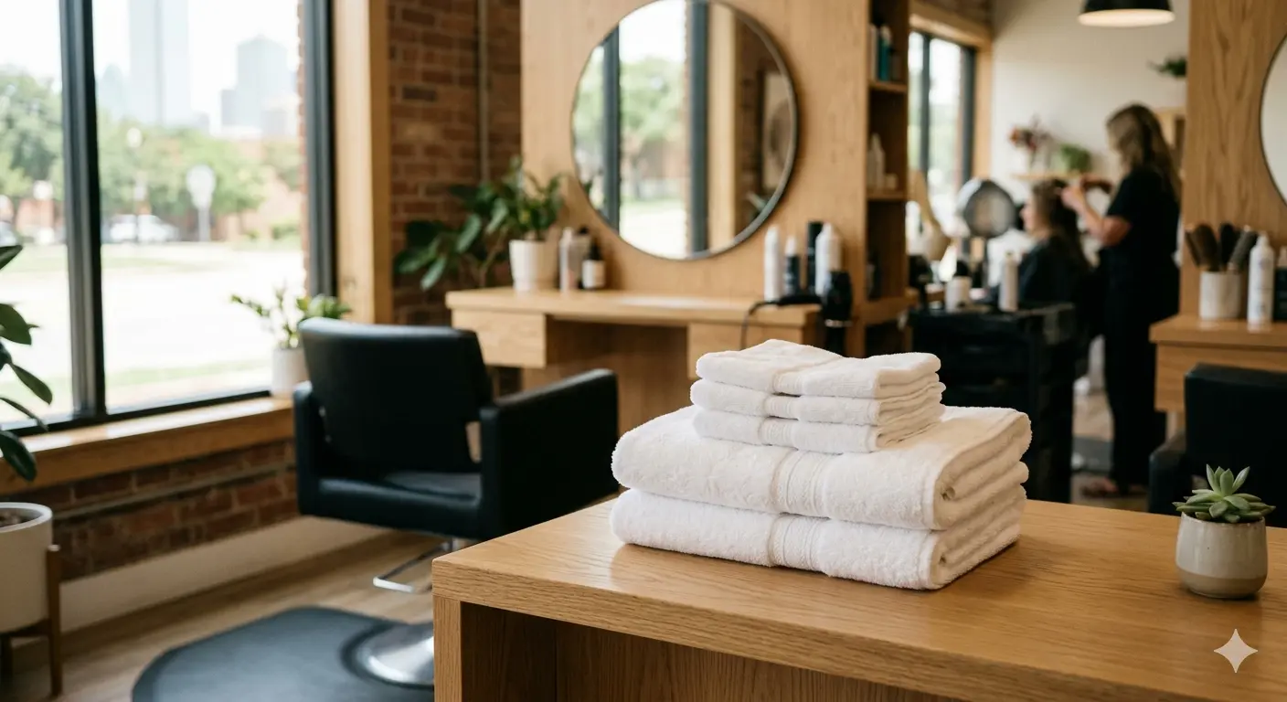Stack of fresh folded white towels at a Dallas-Fort Worth small business using wash and fold pickup and delivery service