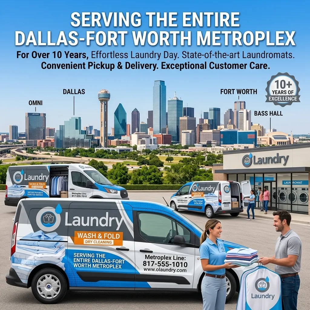 Laundry pickup and delivery service area covering Dallas, Arlington, and Fort Worth Texas